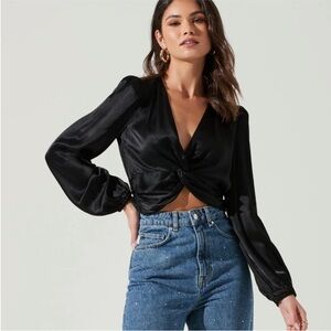 ASTR Nix Twist Front Satin Blouse Black Cropped Smocked Back Top Glam Date Night